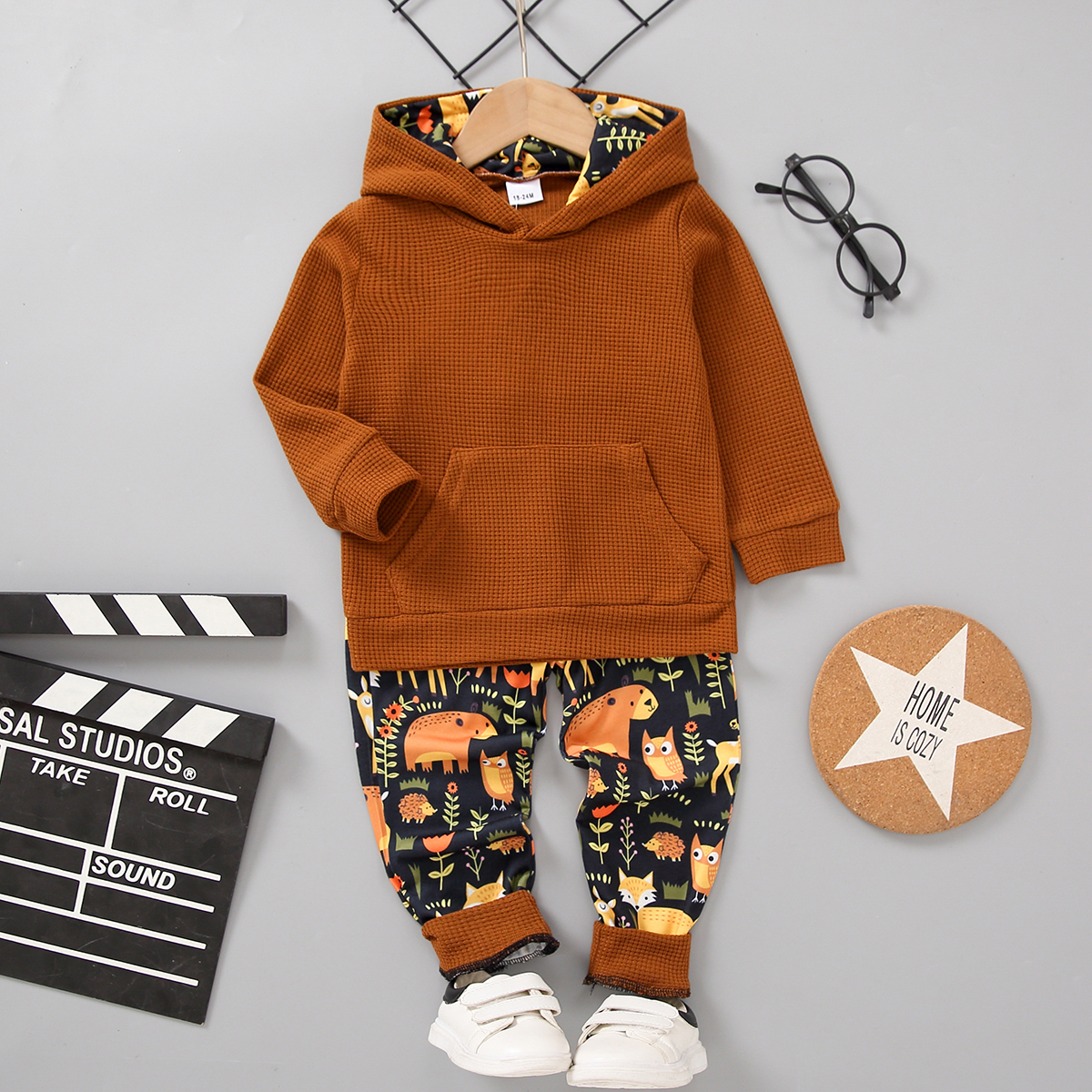 

2-piece Toddler Boy/Girl Waffle Hoodie Sweatshirt and Animal Floral Print Pants Set
