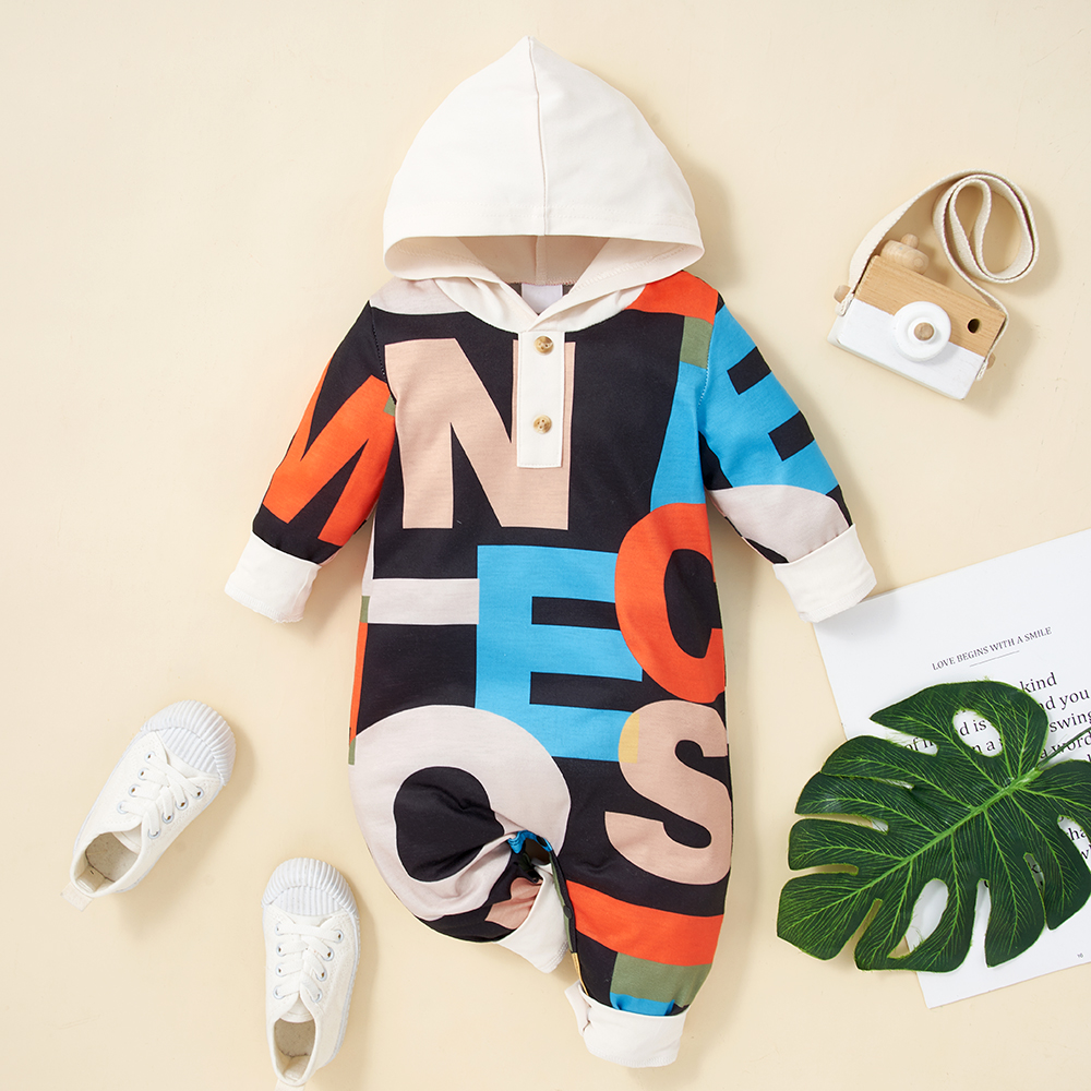

Baby Boy All Over Colorful Letter Print Long-sleeve Hooded Jumpsuit