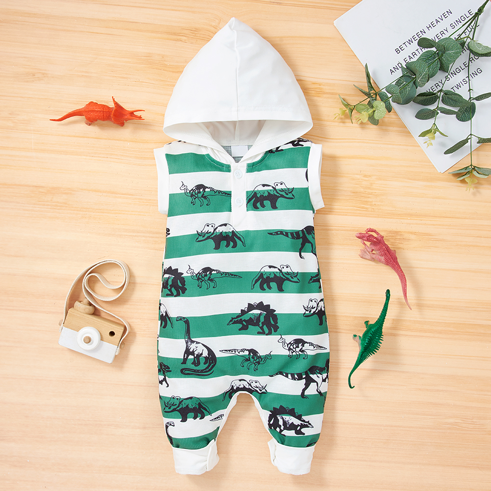 

Baby Boy All Over Dinosaur Print Striped Sleeveless Hooded Jumpsuit
