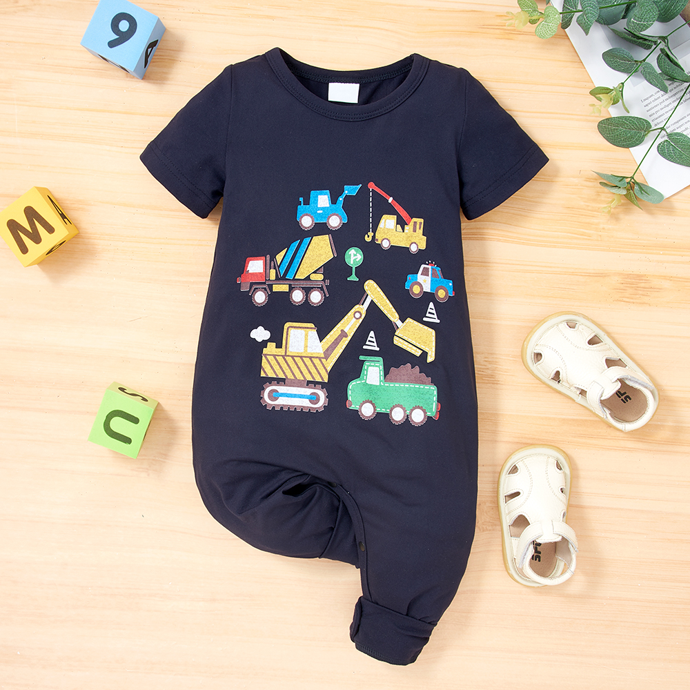 

Baby Boy Excavator Vehicle Print Dark Blue Short-sleeve Jumpsuit