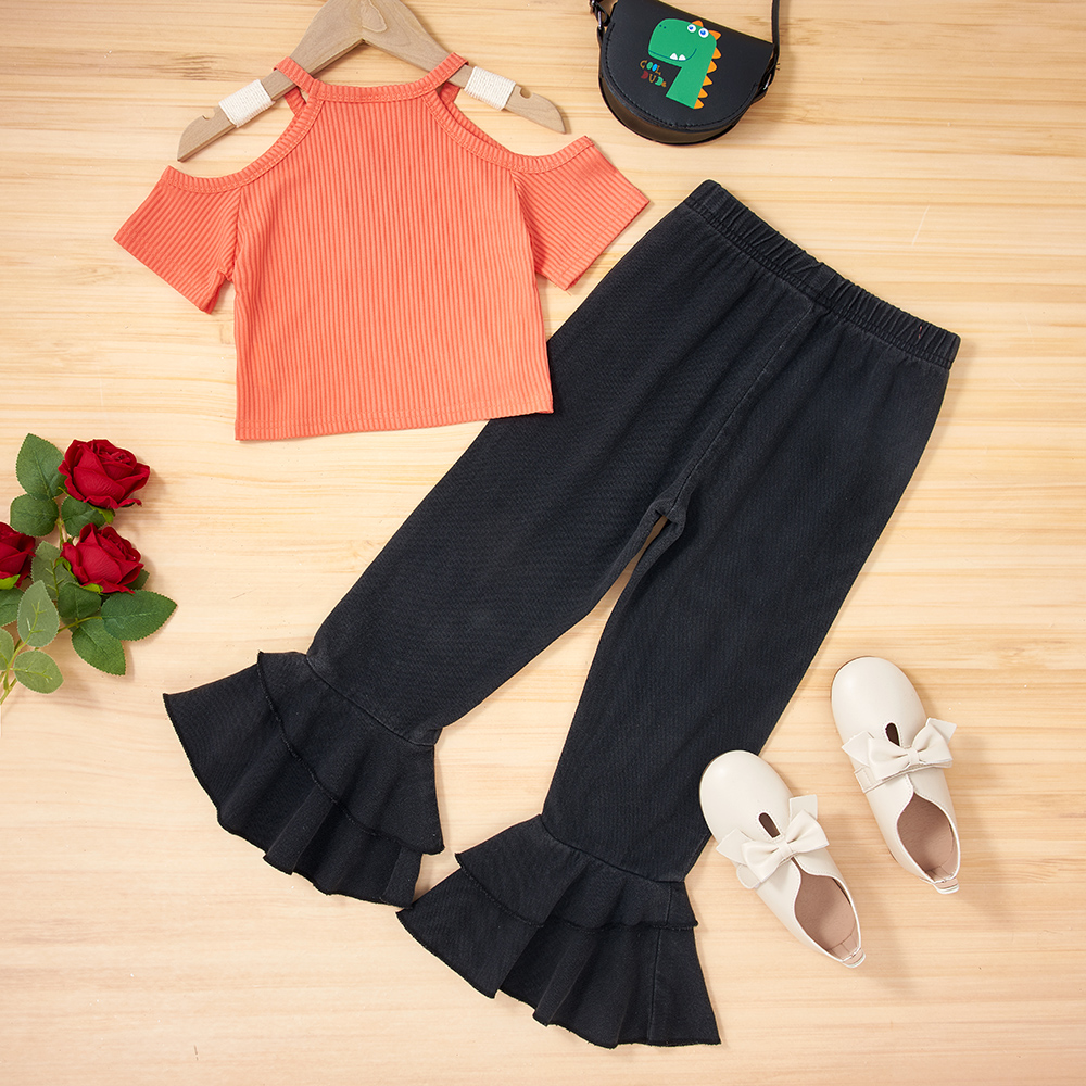 

2-piece Toddler Girl Cold Shoulder Halter Tee and Flared Pants Set