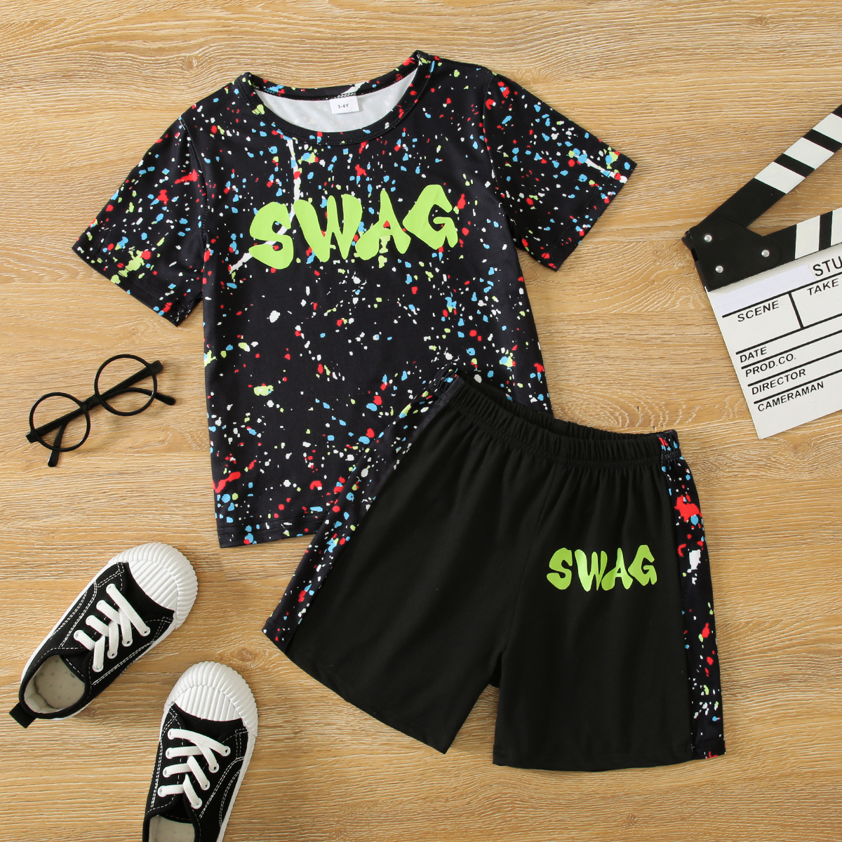 

2pcs Toddler Boy Casual Letter Painting Print Tee and Shorts Set