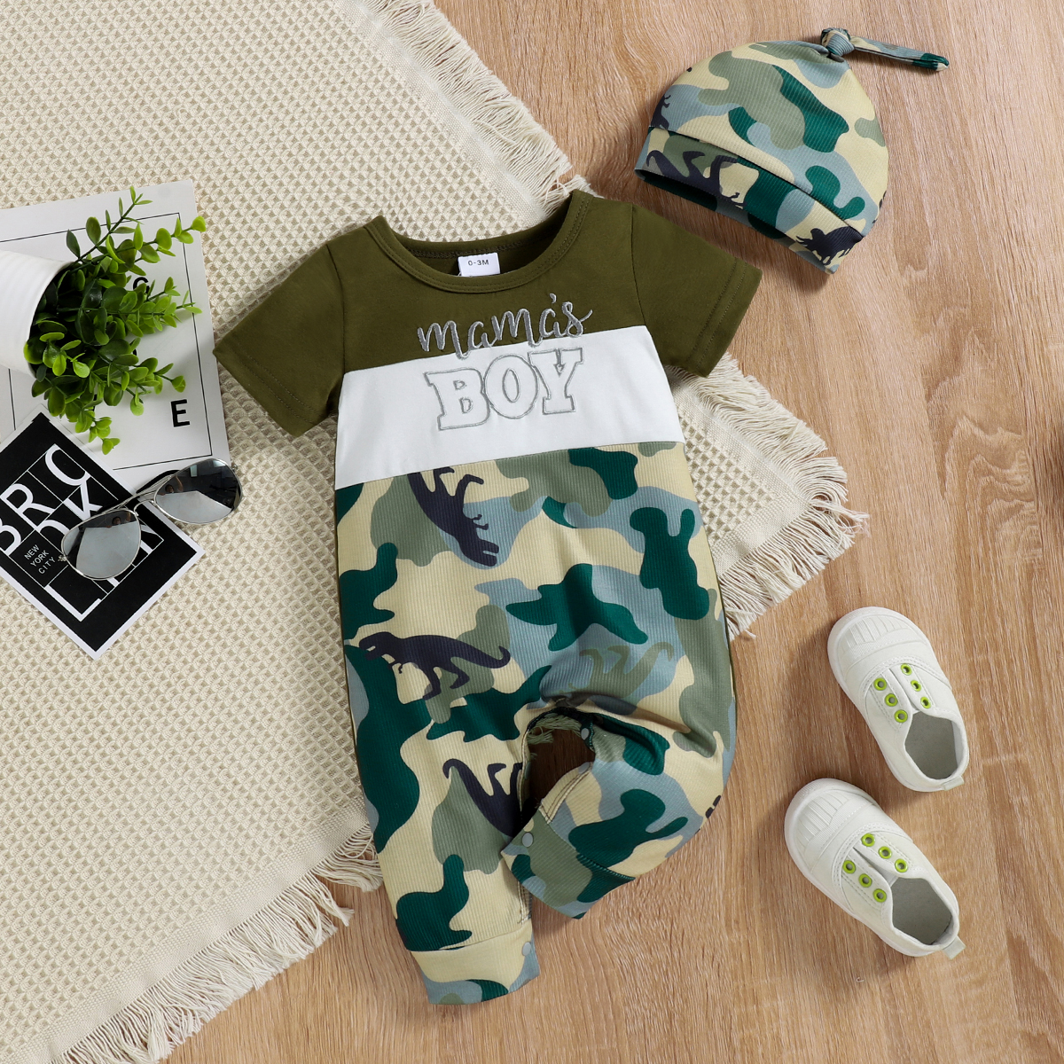 

2pcs Baby Boy Letter Embroidered Colorblock Short-sleeve Dinosaur Camouflage Jumpsuit with Hat Set