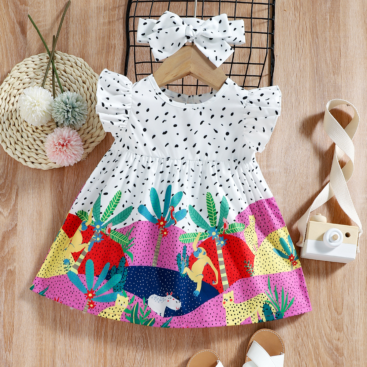 

2pcs Baby Girl Dots Animal and Plant Print Flutter-sleeve Dress with Headband Set