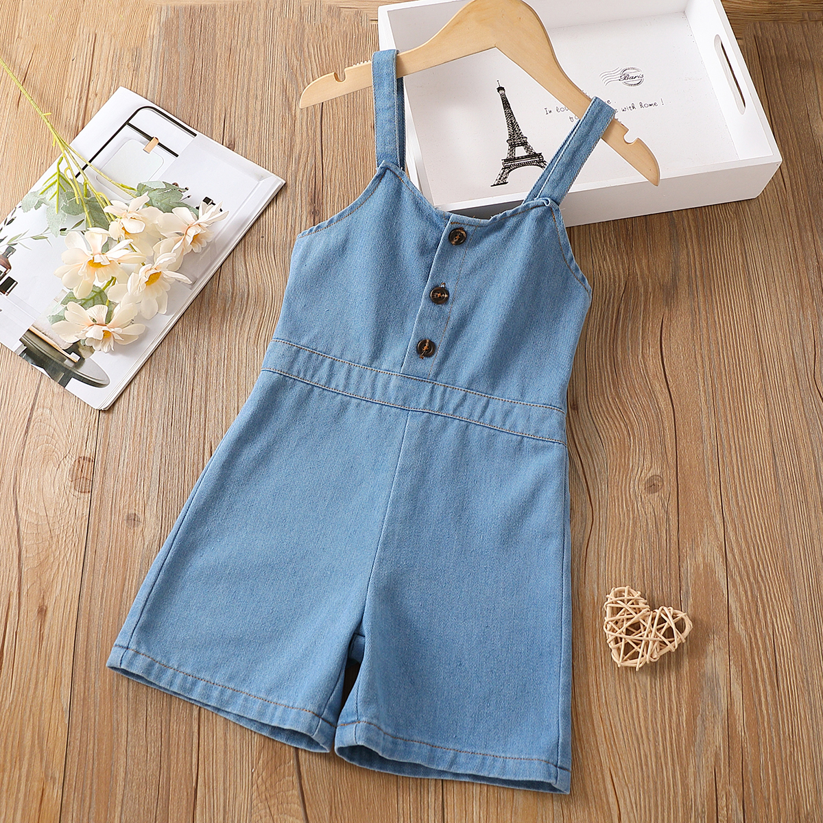 

Toddler Girl Button Design Blue Denim Rompers