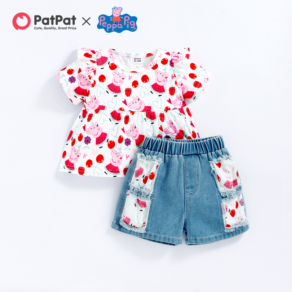 

Peppa Pig 2pcs Toddler Girl Allover Print Short-sleeve Tee and Patchwork Ripped Denim Cotton Shorts Set
