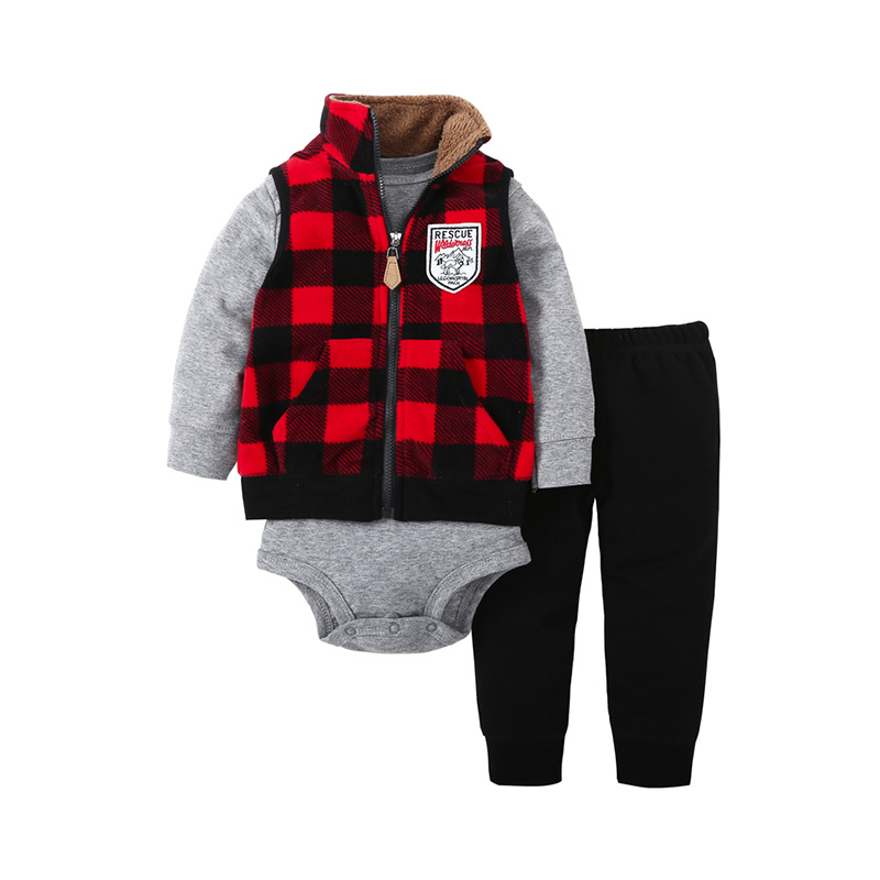 

3-piece Plaid Coat Long-sleeve Romper and Pants for Baby and Toddler Boys
