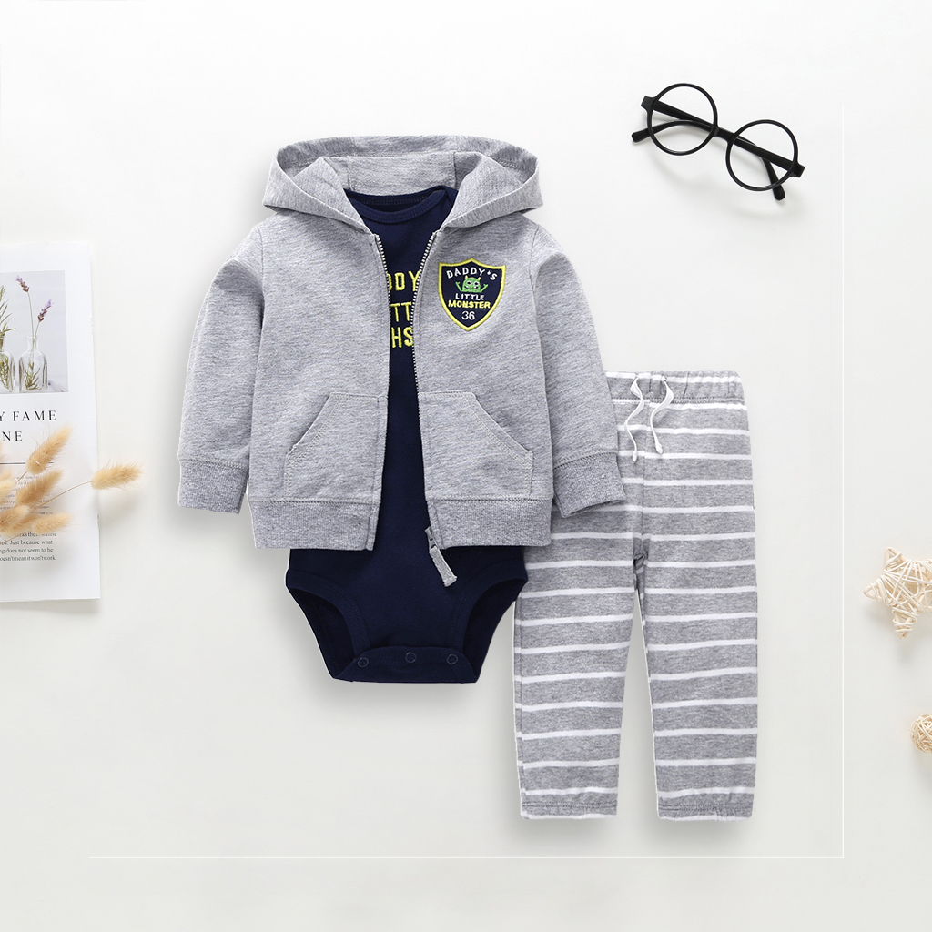 

Baby Boy 3-piece Embroideryed Jacket, Bodysuit and Striped Pants