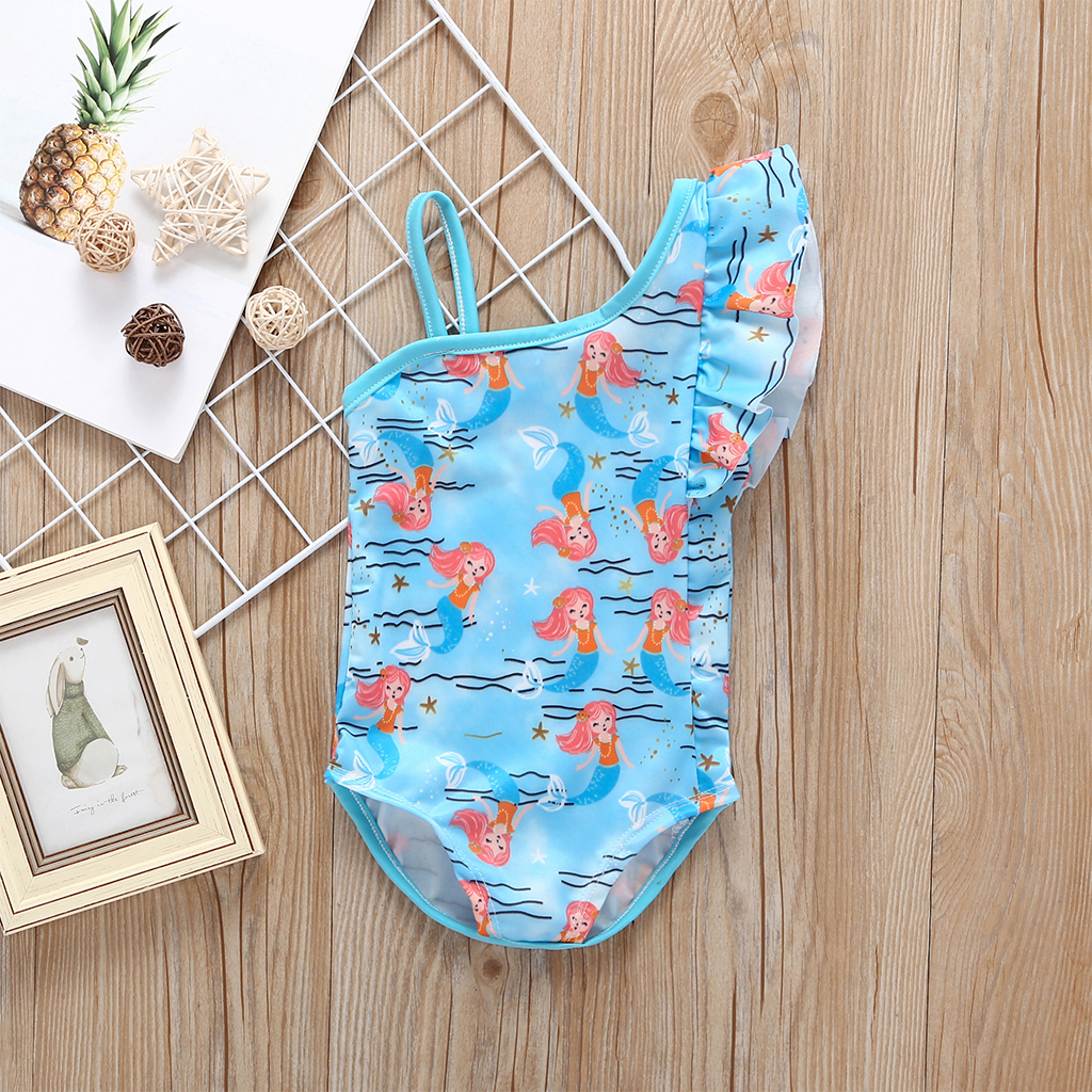 

Baby / Toddler Off Shoulder Ruffled Mermaid Print One Piece Swimwear