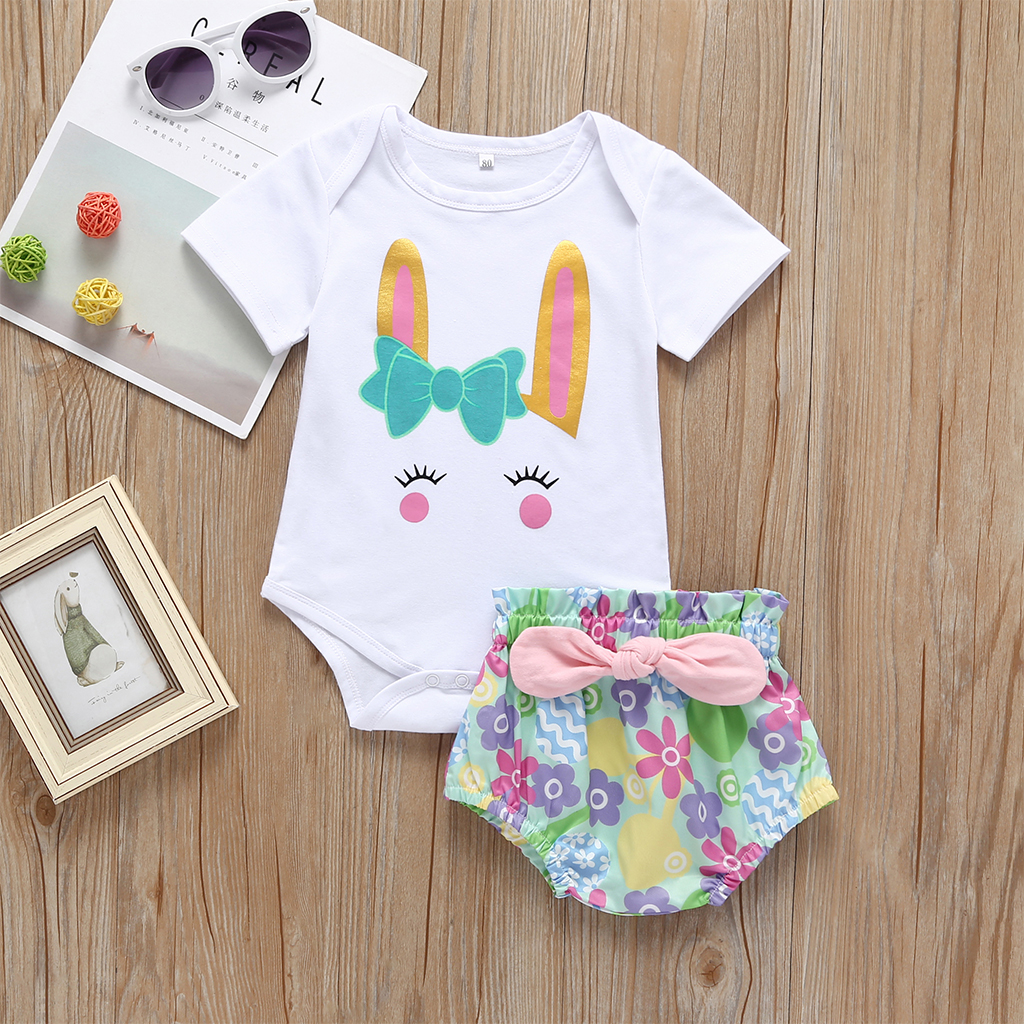 

2-piece Rabbit Print Top and Bow Shorts Set
