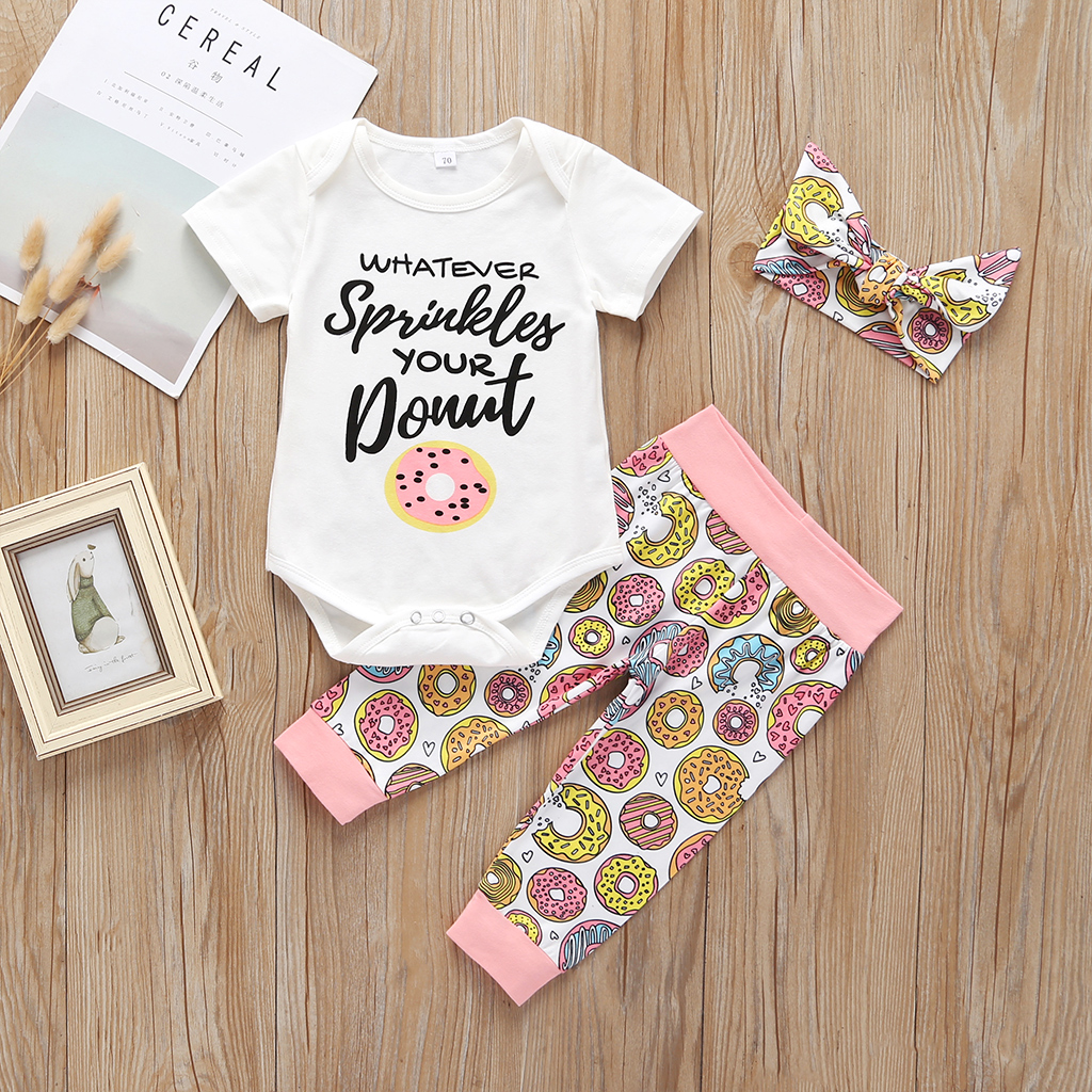 

3-piece Baby / Toddler Girl Letter Print and Doughnut Print Pants with Headband Set