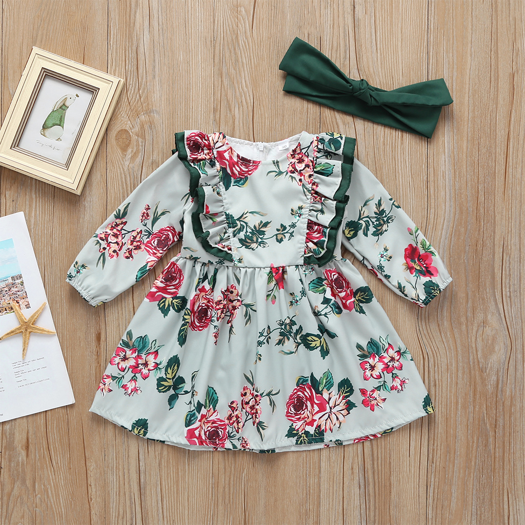 

Floral Print Ruffled Long-sleeve Dress and Headband Set