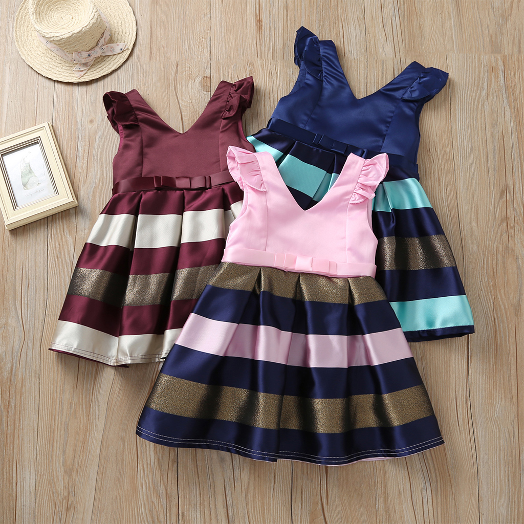 

V Neck Striped Bow Belt Flutter-sleeve Dress for Girls