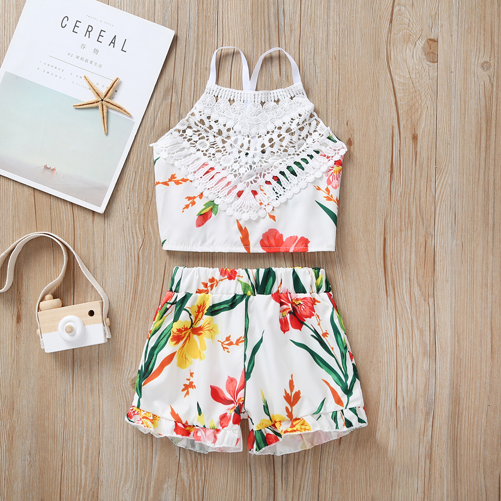 

Baby / Toddler Summer Floral Print Hollow Out Strappy Top and Shorts Set