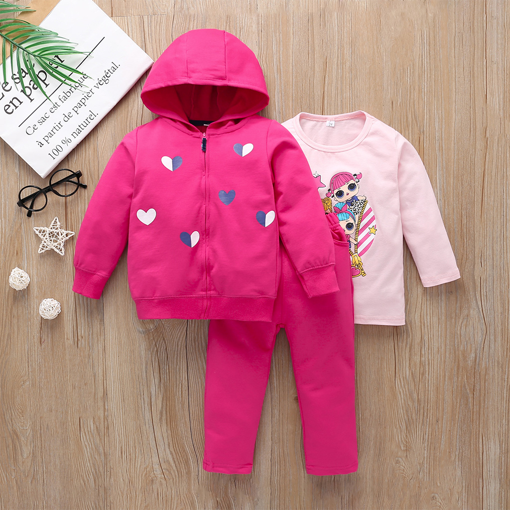 

3-piece Baby / Toddler Cartoon Print Tee and Heart Hooded Coat with Solid Pants Set