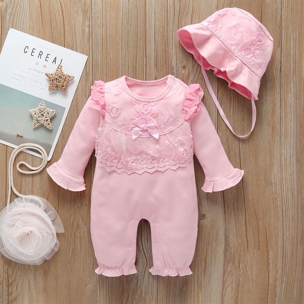 

Baby Girl Doll Collar Hollow Long-sleeve Jumpsuit and Hat