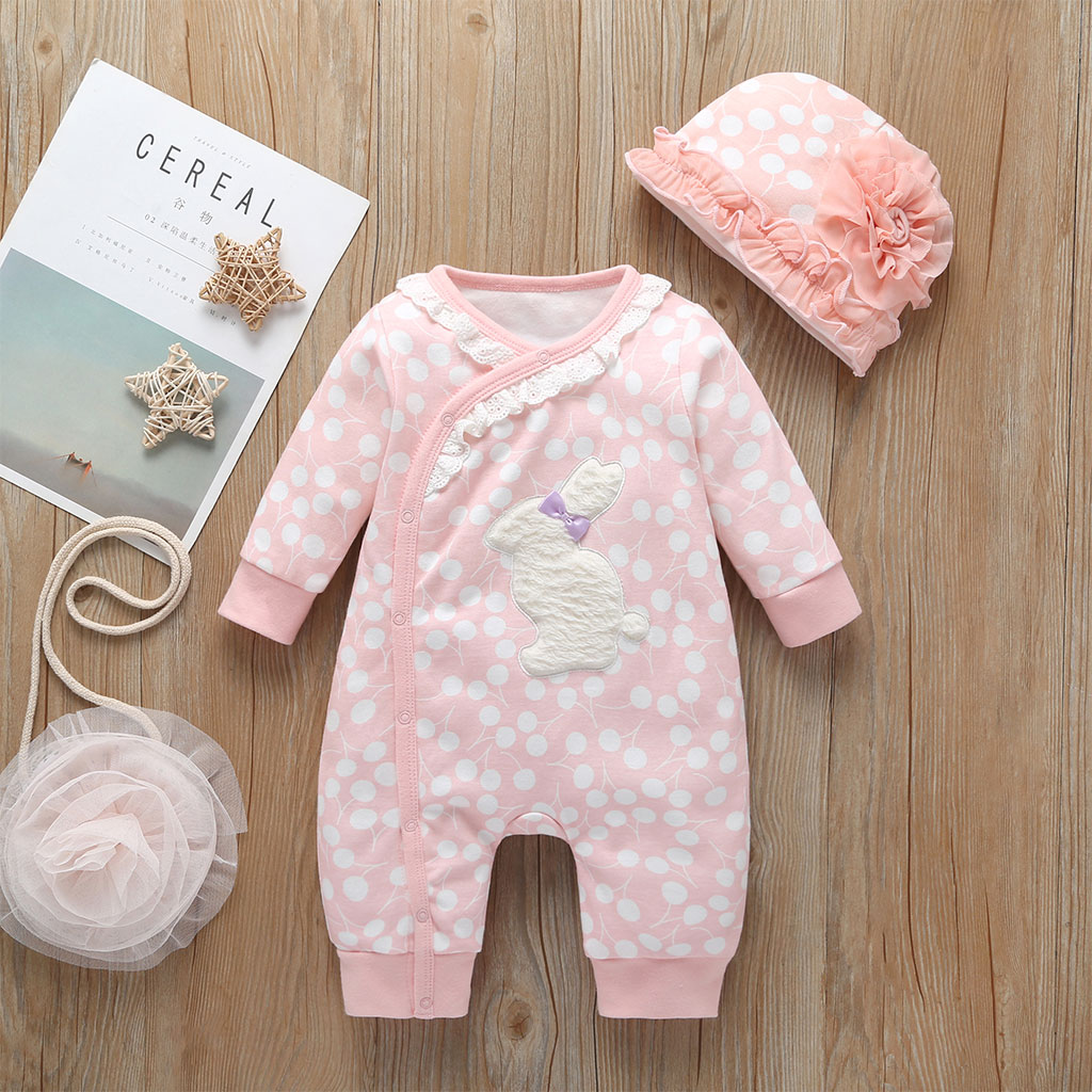 

Baby Girl Rabbit Print Polka dots Long-sleeve Jumpsuit and Hat
