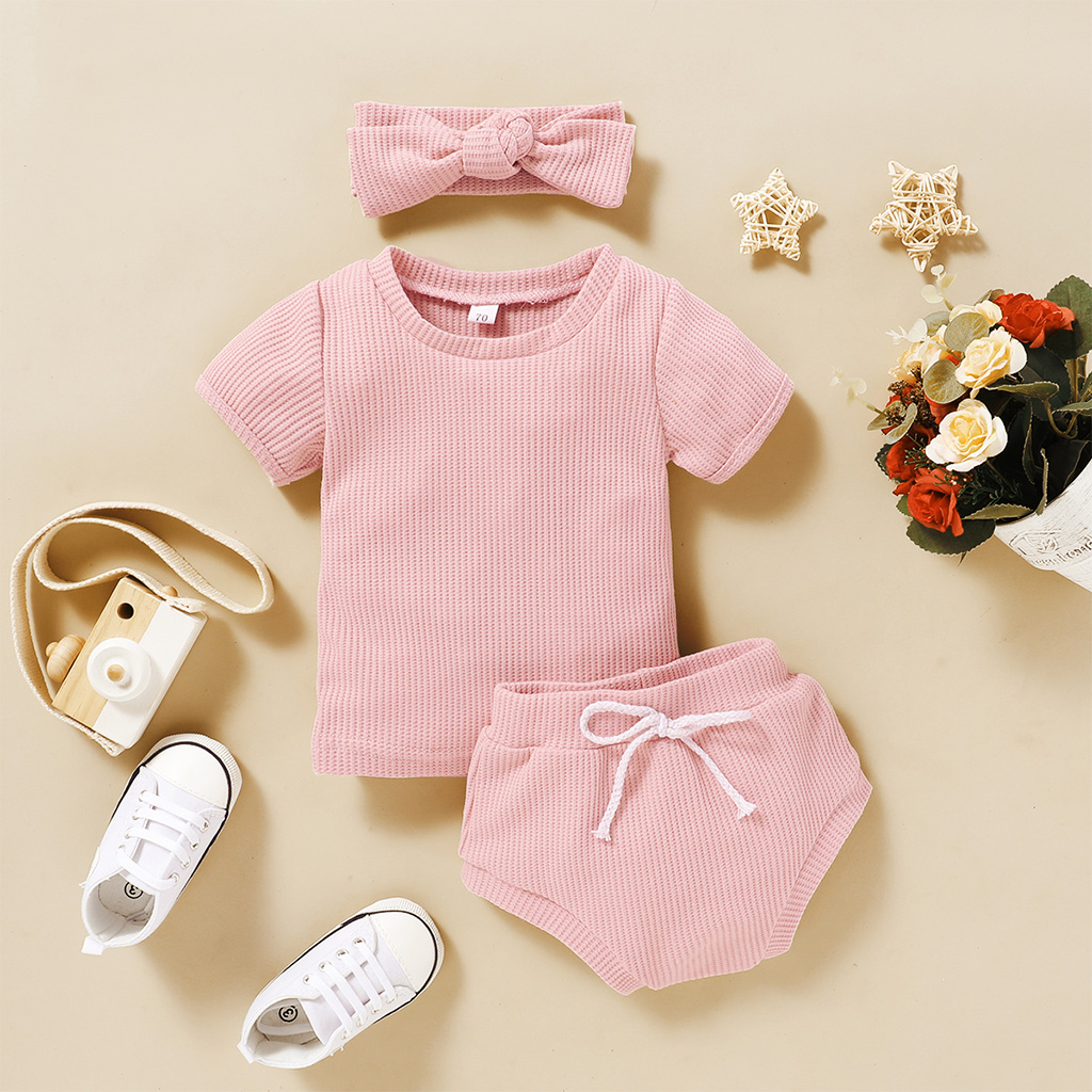 

3-piece Solid Short-sleeve Top and Shorts Set