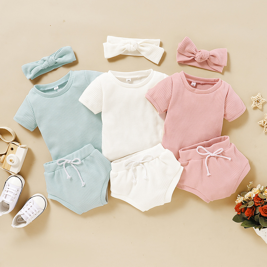 

3-piece Solid Short-sleeve Top and Shorts Set