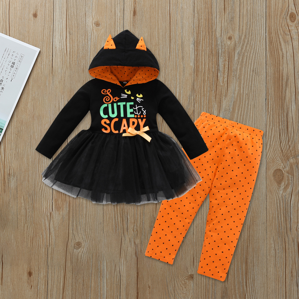 

2pcs Halloween Polka Dots Letter Print 3D Cat Ear Design Hooded Long-sleeve Baby Set