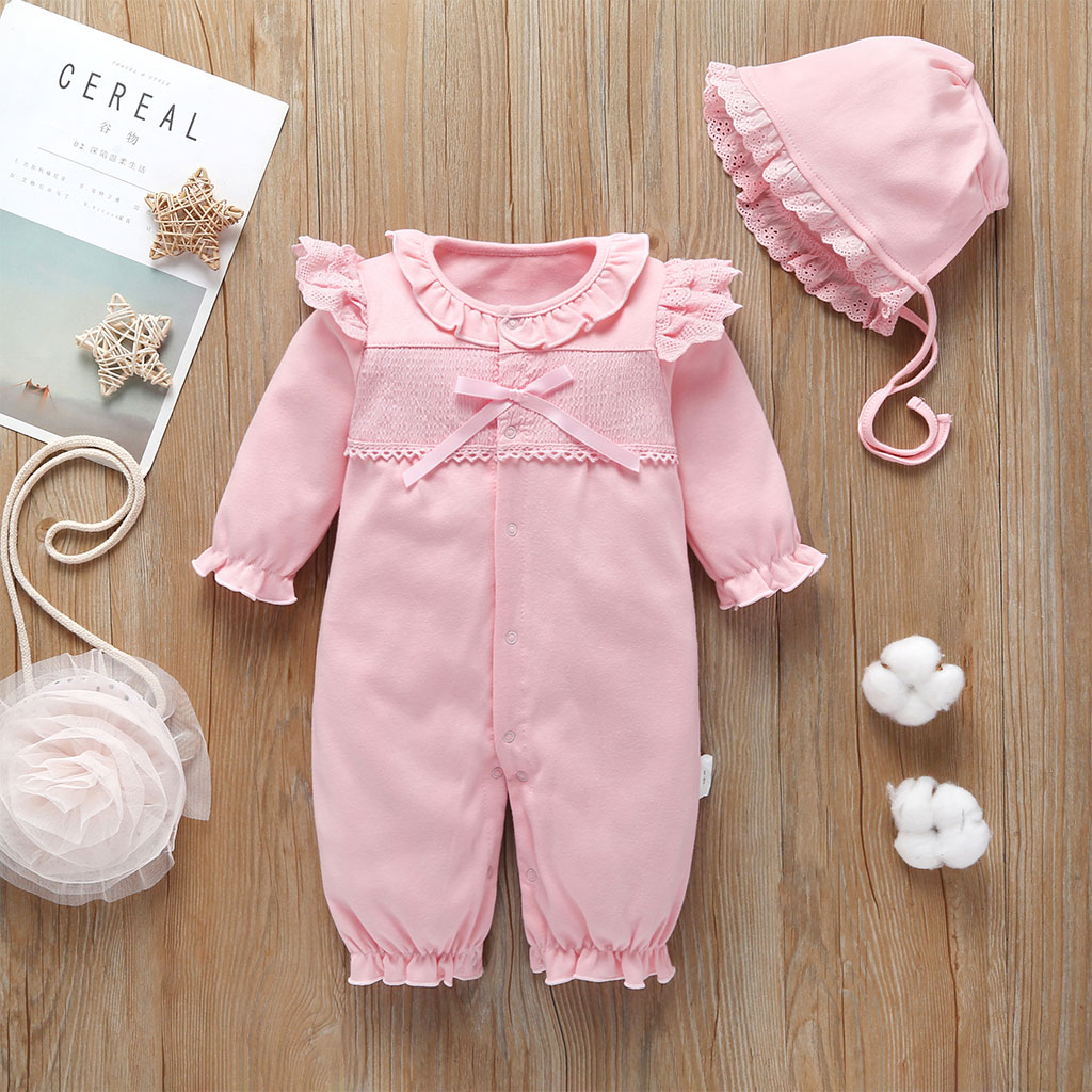 

2-piece Baby Solid Ruffled Jumpsuit with Hat Set