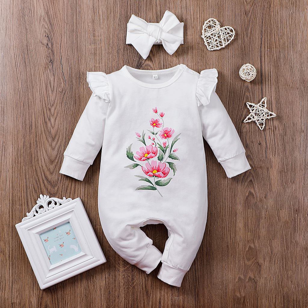 

2-piece Baby Floral Ruffled Jumpsuit and Jumpsuit and Headband Set