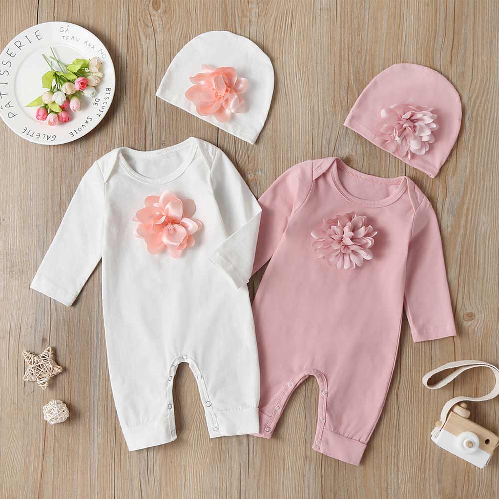 

2-piece Baby Elegant Flower Solid Jumpsuit and Hat Set