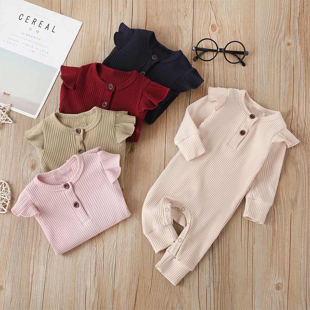 

Ribbed Solid Ruffle Decor Long-sleeve Baby Jumpsuit