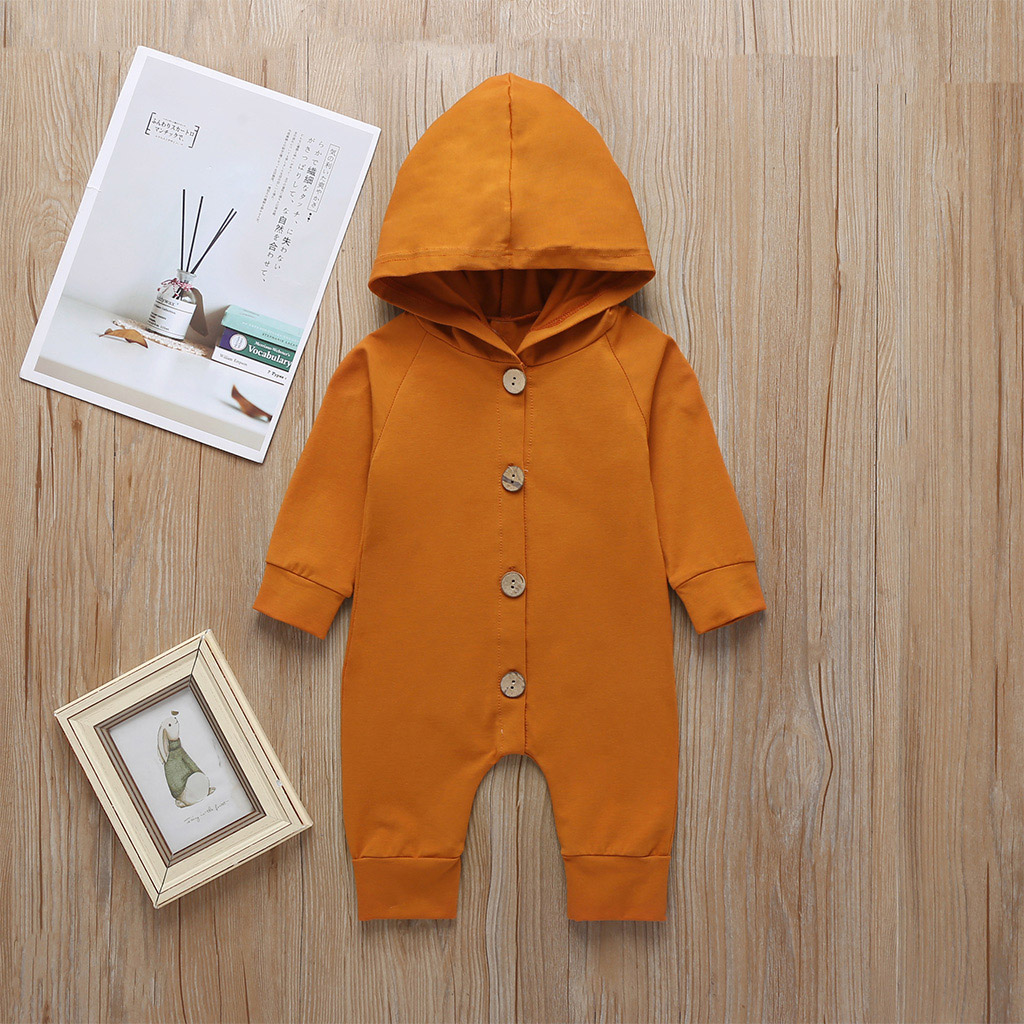 

Solid Cardigan Design Hooded Long-sleeve Orange Baby Jumpsuit