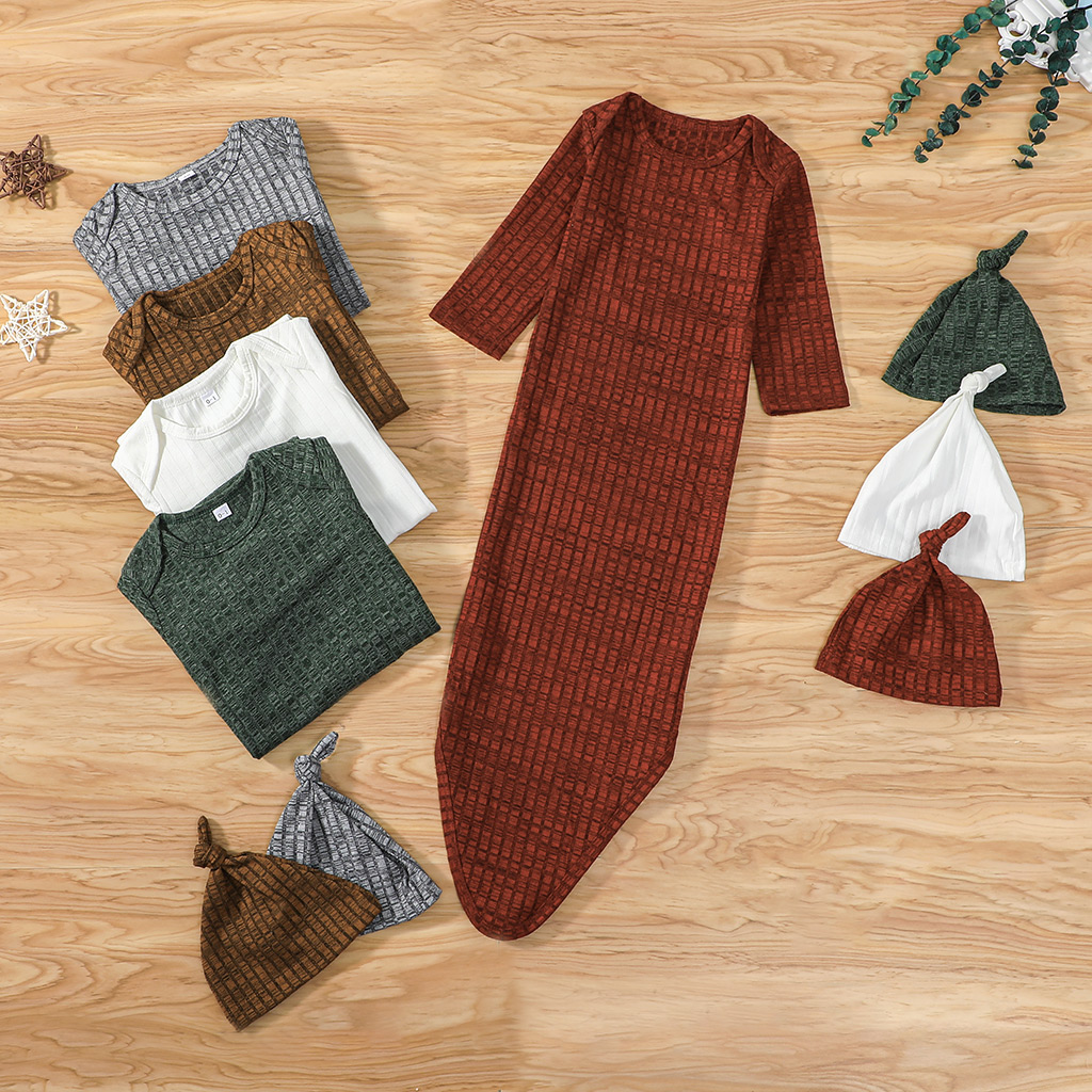 

Newborn Baby Girls Boys Sleeping Bags Hats Solid Knit Long Sleeve Blanket Outfits