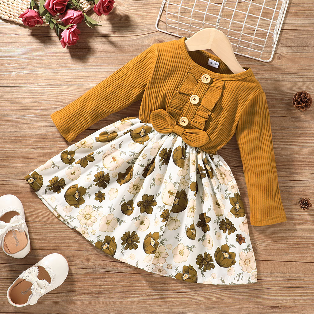 

Baby / Toddler Flower Print Splice Long-sleeve Dress