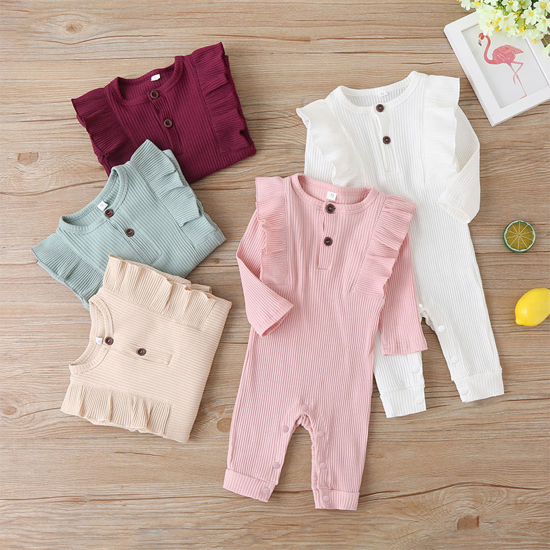 

Ribbed Solid Ruffle Decor Long-sleeve Baby Jumpsuit