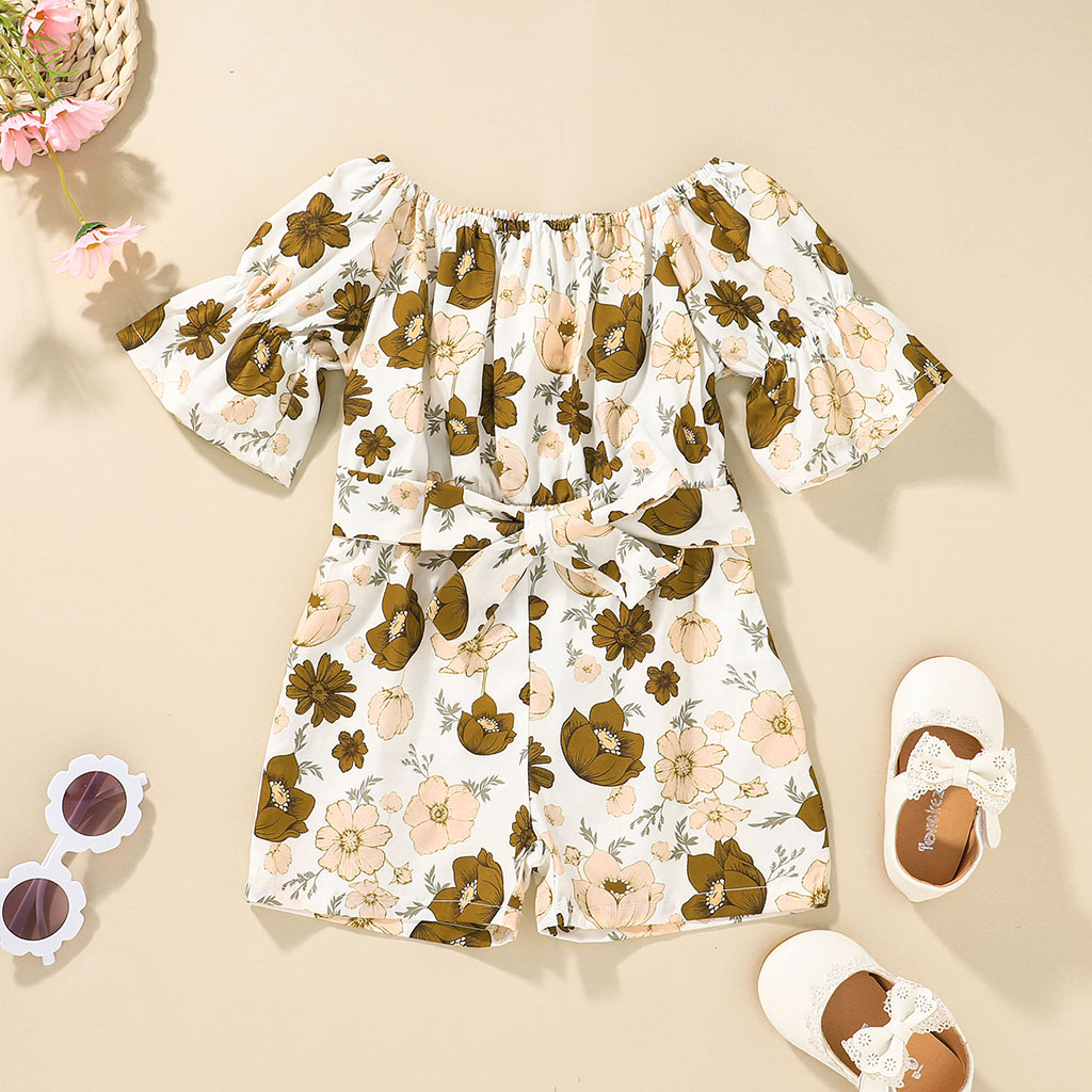 

Toddler Girl Floral Print Bowknot Off Shoulder Jumpsuit