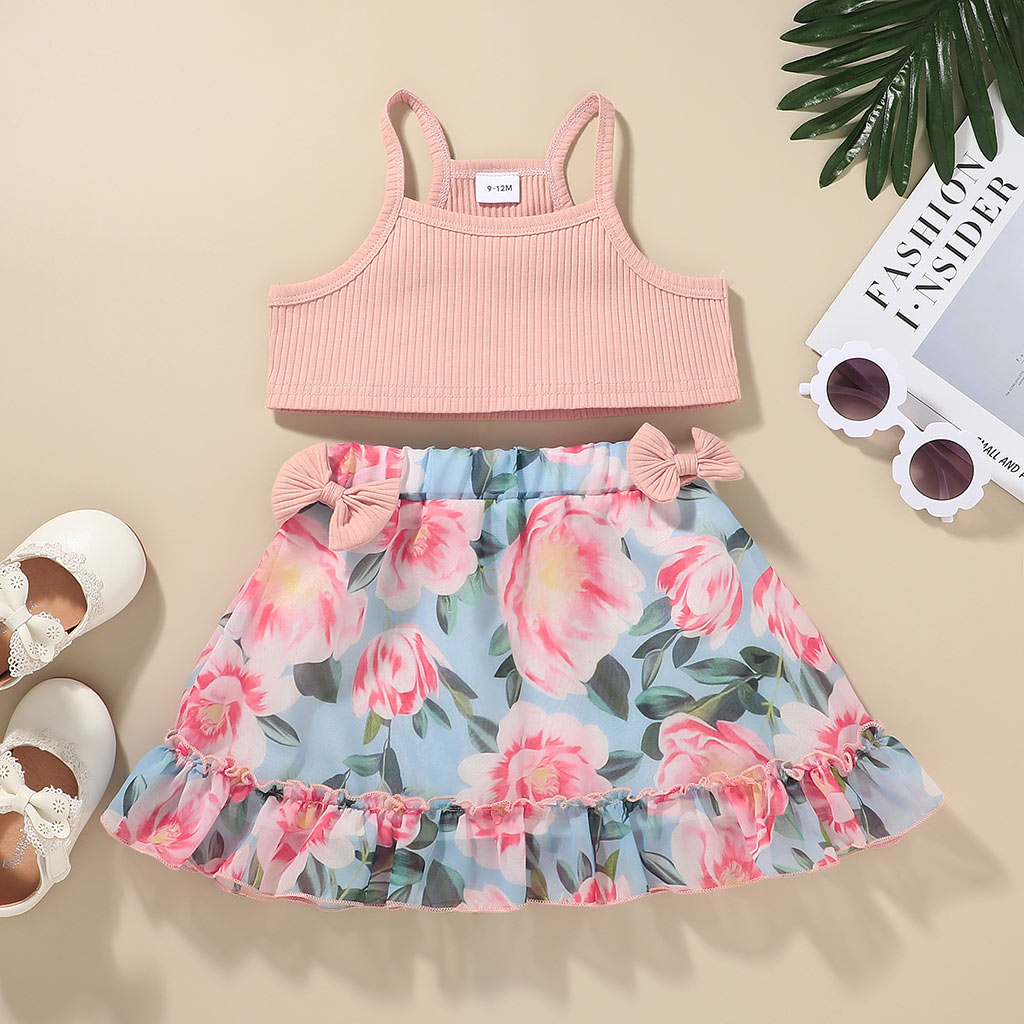 

2pcs Solid and Floral Pink and Blue Ribbed Baby Set