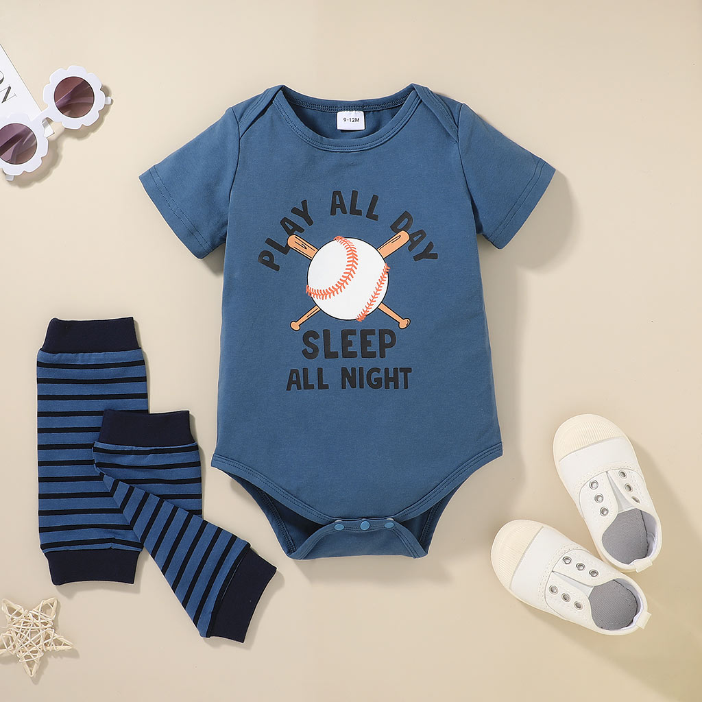 

Letter and Baseball Short-sleeve Blue Baby Romper Set