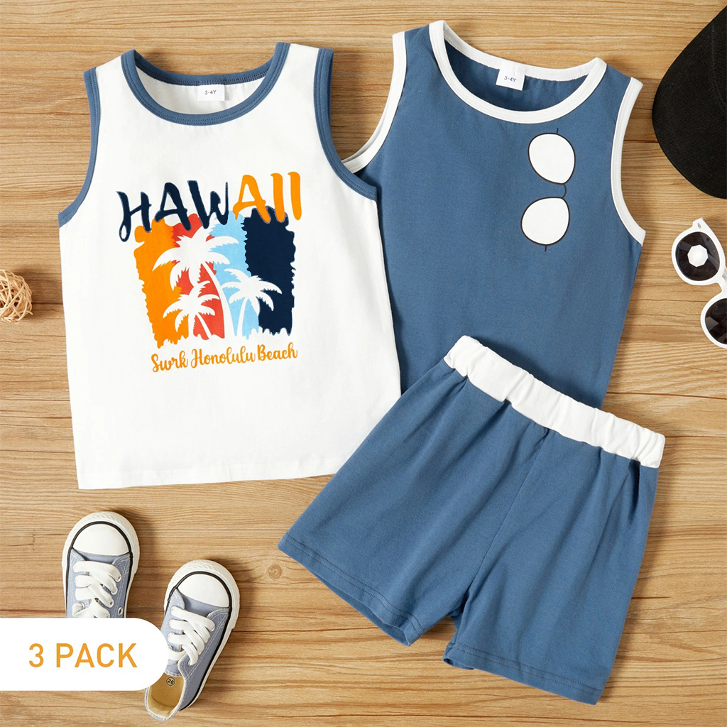 

3-Pack Toddler Boy Summer Letter Camisole and Shorts Set