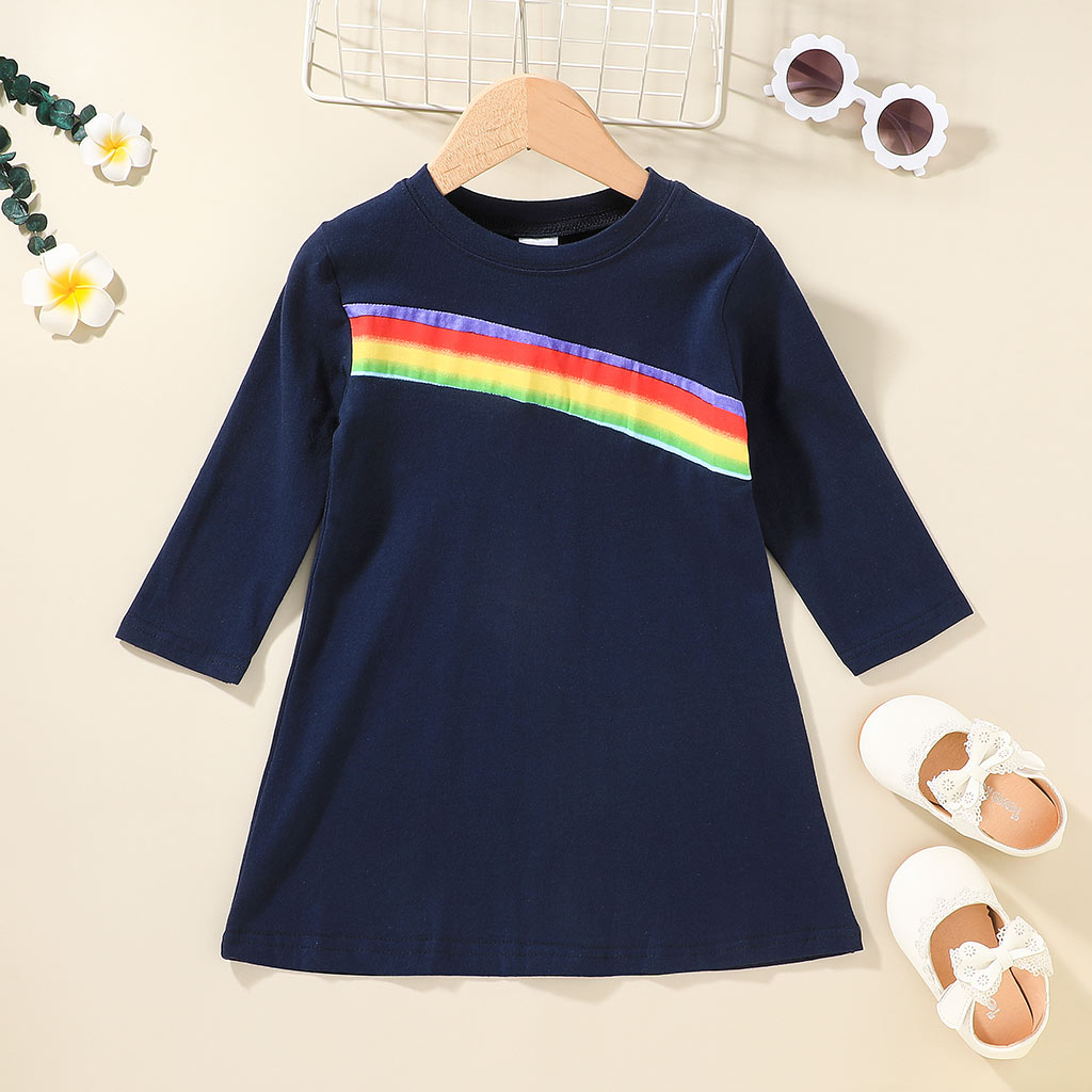 

Toddler Girl Rainbow Print Round-collar Long-sleeve Dress