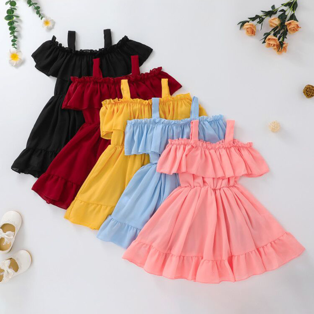

Toddler Girl Trendy Ruffled Off Shoulder Solid Dress