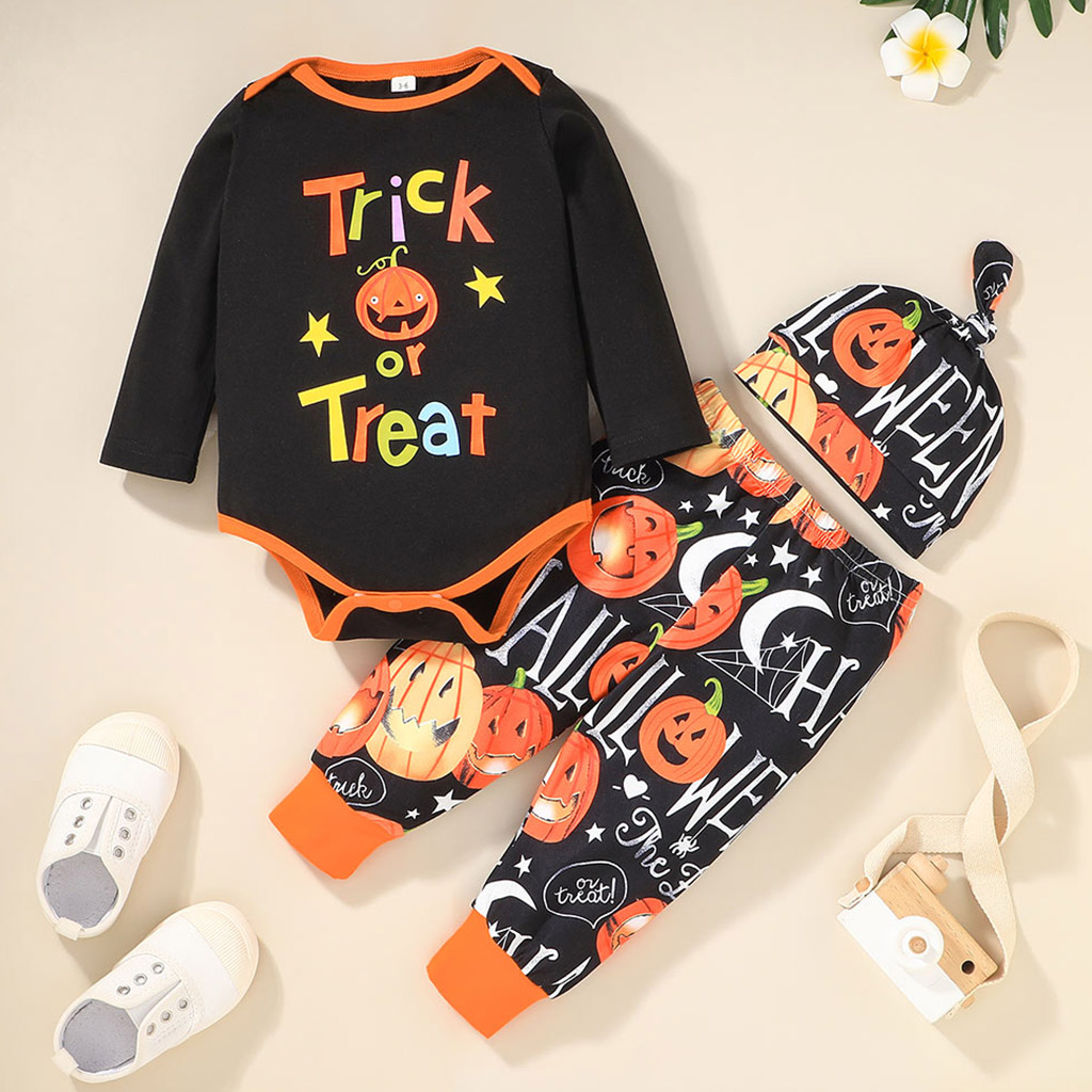 

3pcs Halloween Style Letter and Pumpkin Print Long-sleeve Black Baby Set