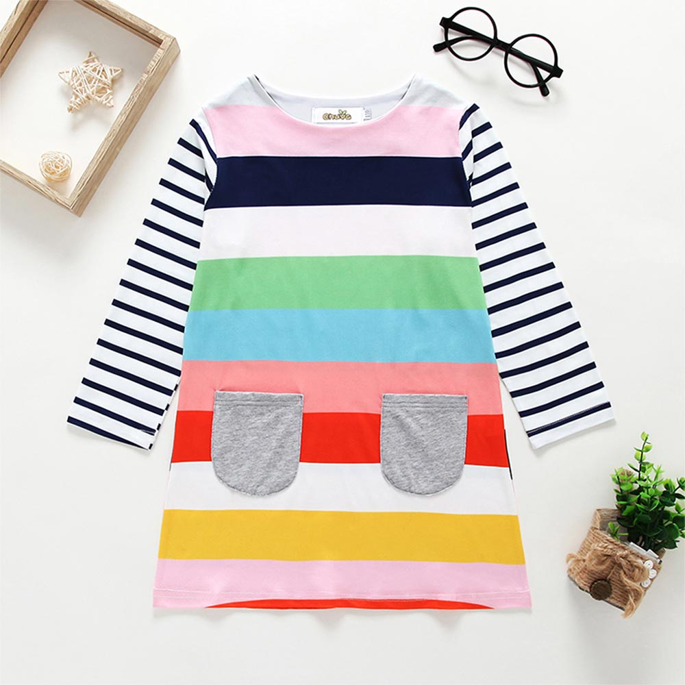 

Trendy Striped Rainbow Pocket Longsleeves Dress