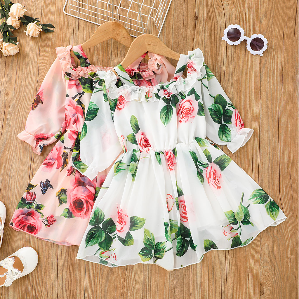 

Toddler Girl Floral Print Ruffled Long-sleeve Strap Dress