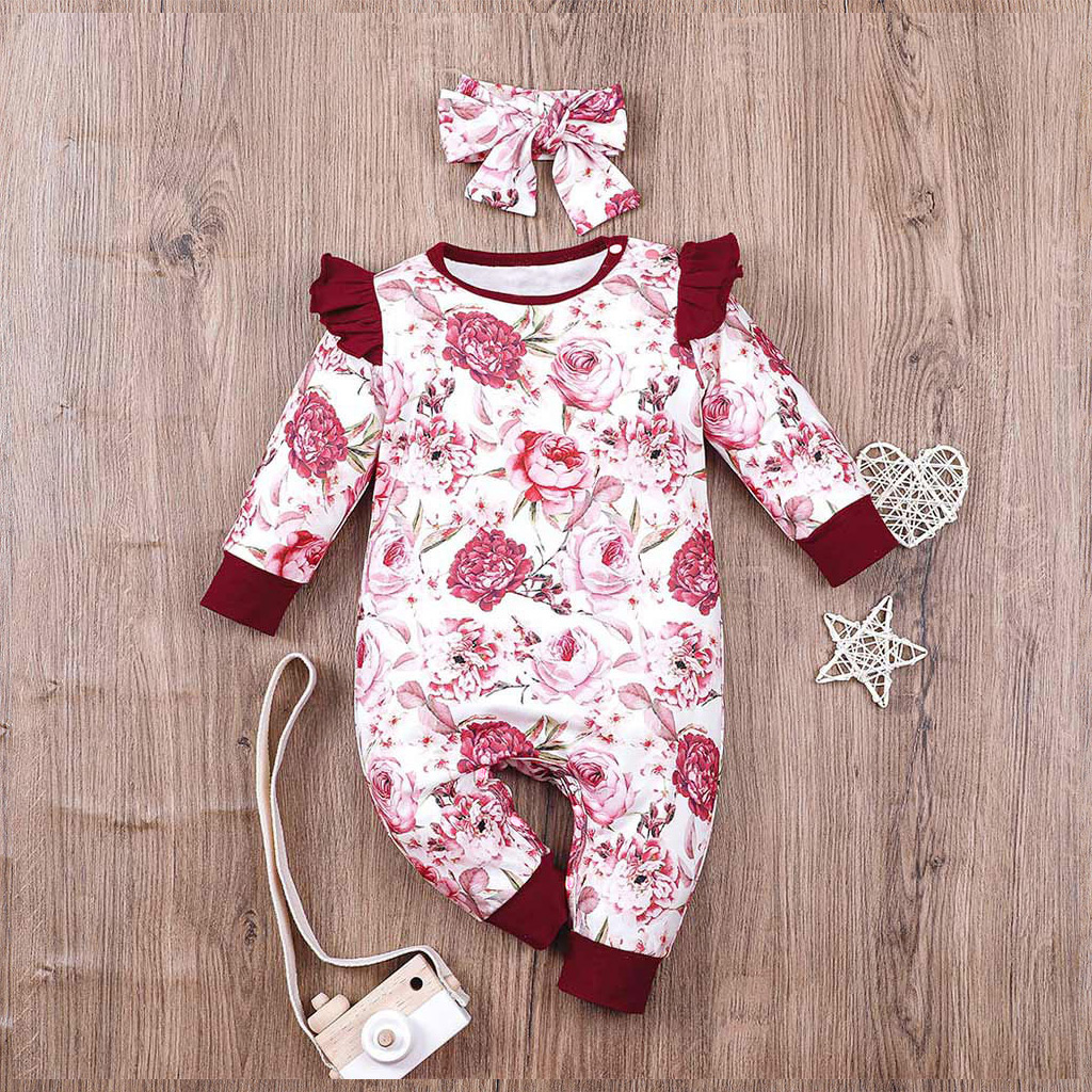 

2-piece Baby Floral Ruffled Jumpsuit and Headband Set