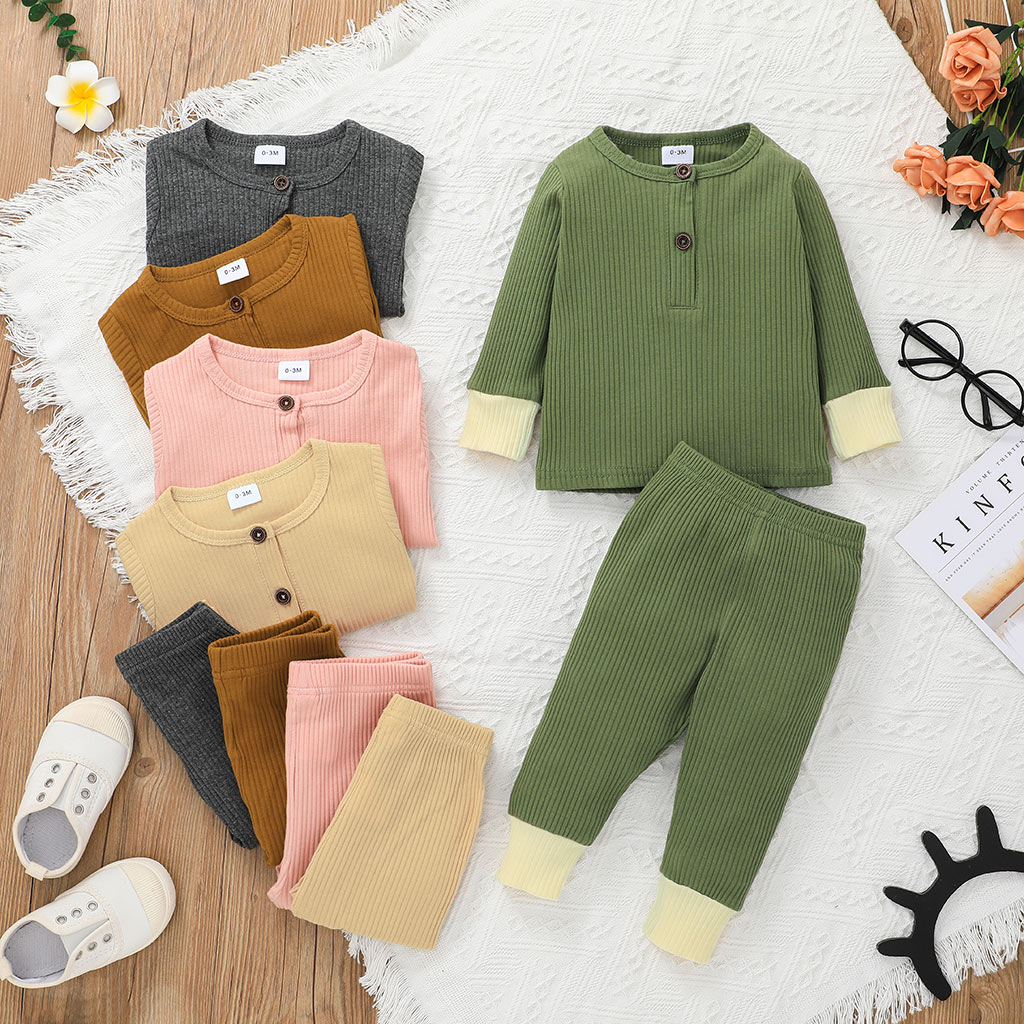 

Ribbed Solid Splice Long-sleeve Baby Set