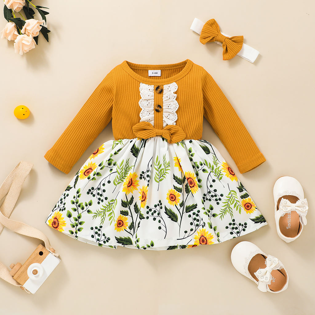 

2pcs Floral Print Ribbed Bowknot Long-sleeve Baby Dress