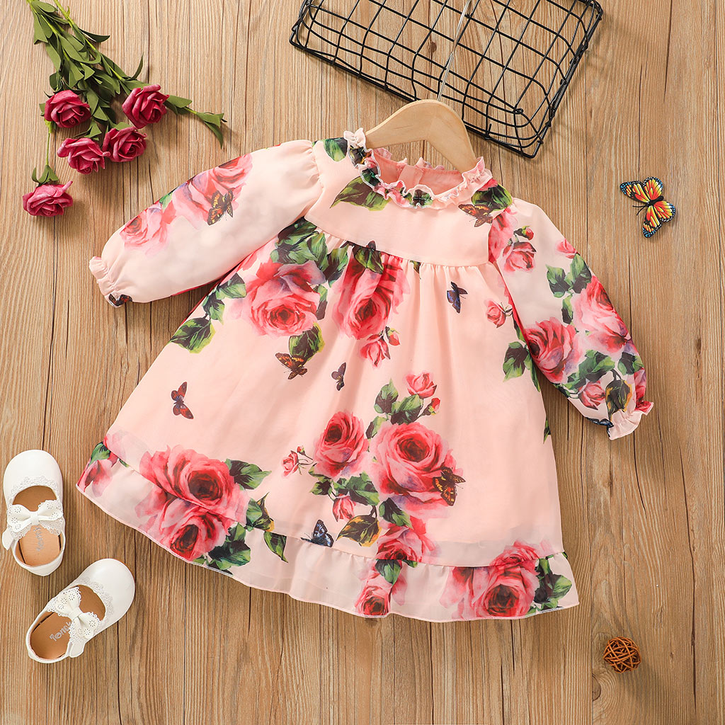 

Toddler Girl Ruffle Collar Floral Print Long Ruffle-sleeve Loose Dress