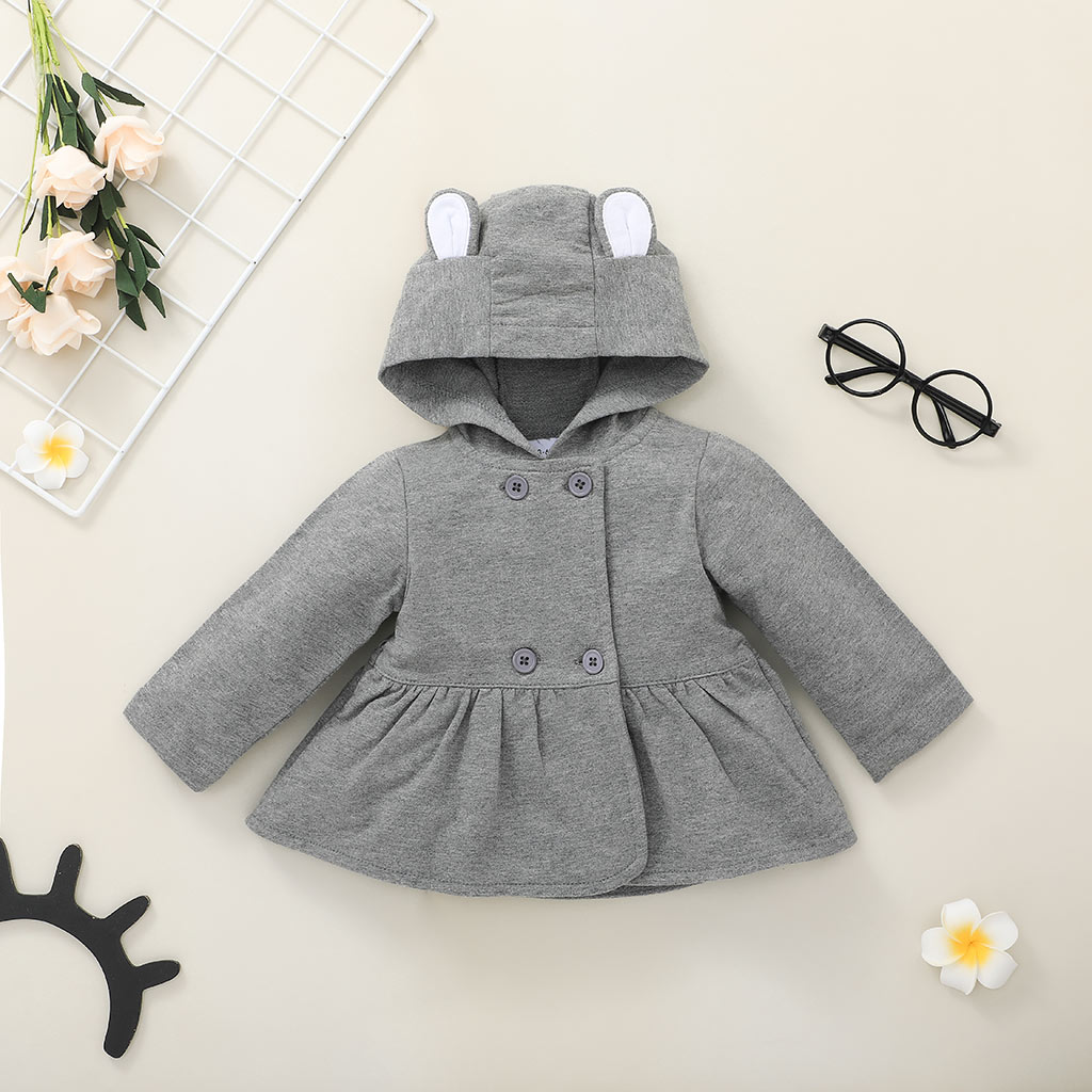

Solid Grey 3D Ear Double Breasted Long Sleeve Baby Coat Outwear