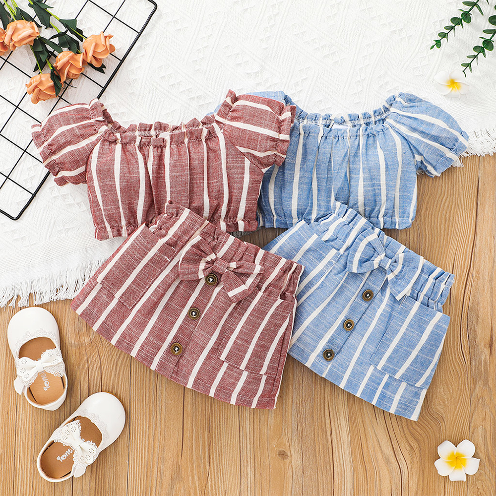 

100% Cotton 2pcs Stripe Print Puff-sleeve Blue Baby Set