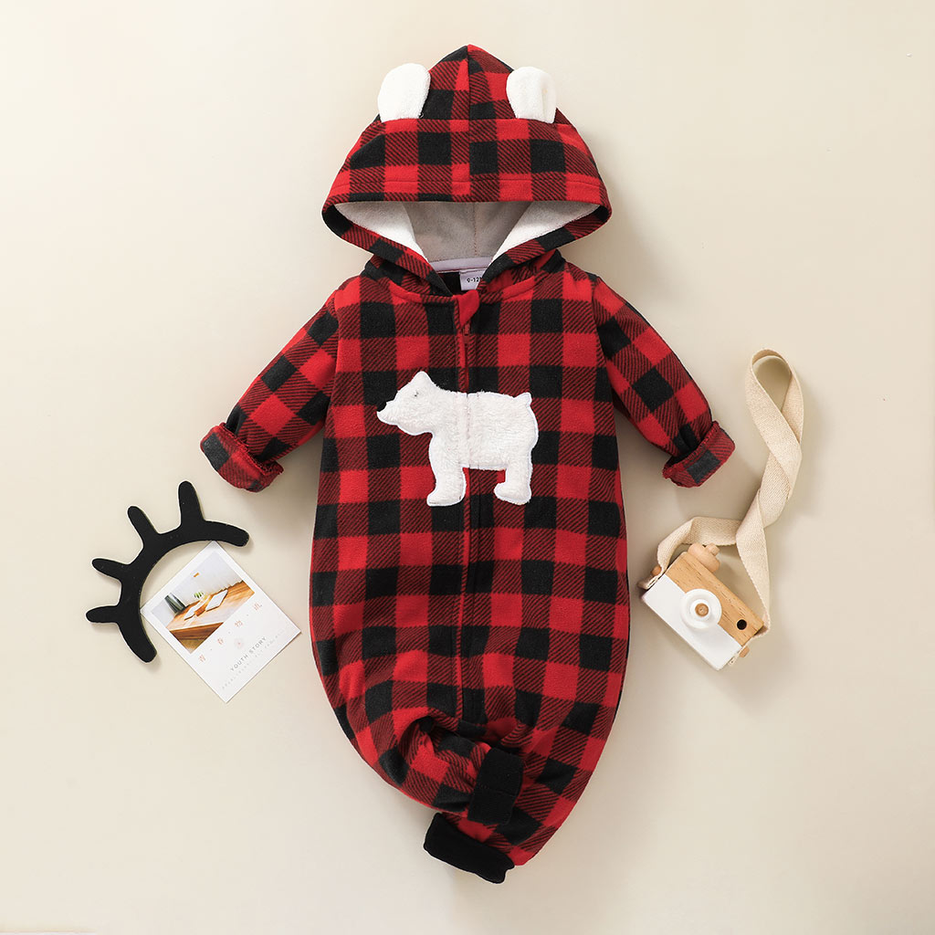 

3D Ear Polar Bear Plaid Fleece Long-sleeve Hooded Baby Jumpsuit