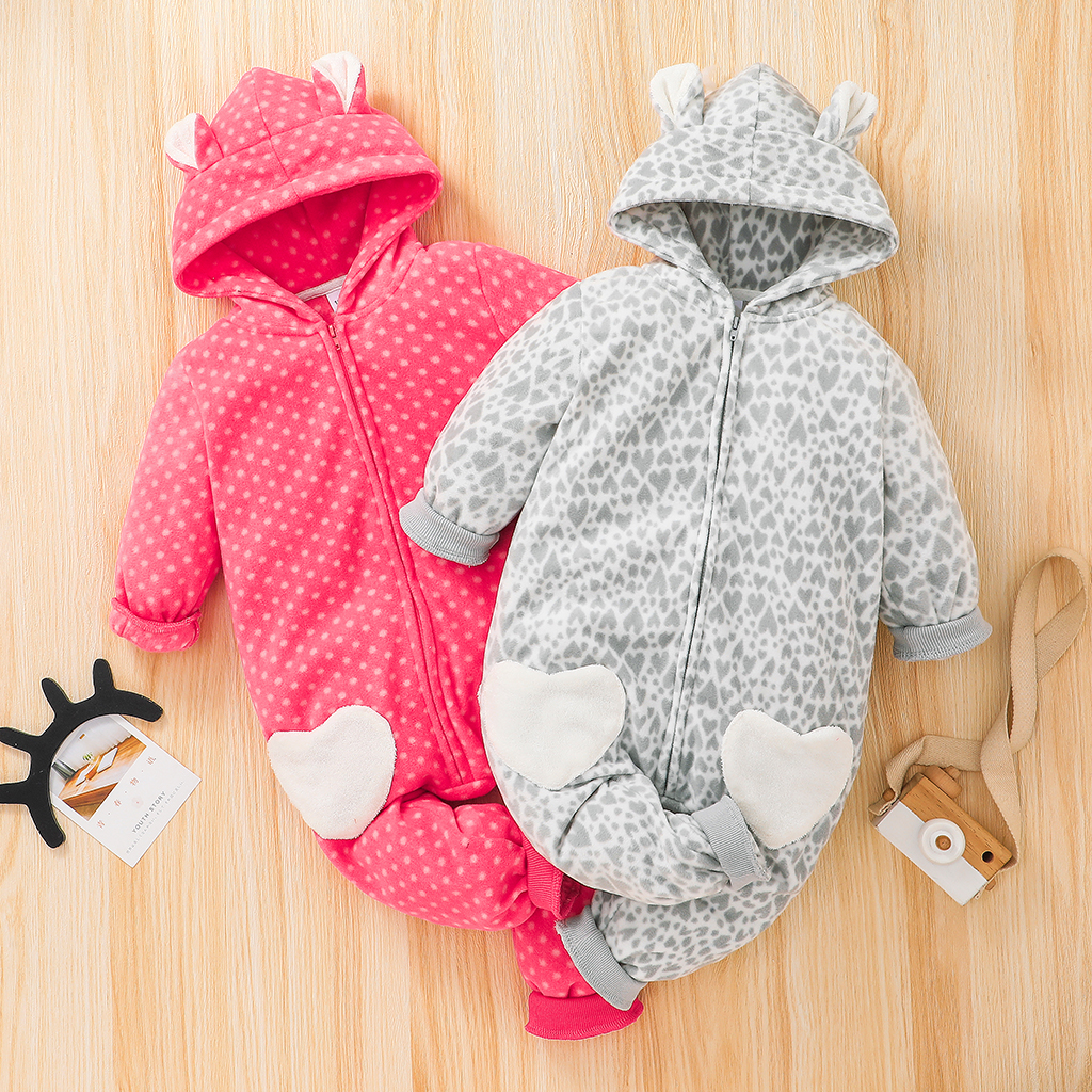 

Baby/Toddler Girl Heart Print/Polka dots Ear Design Zipper Hooded Long-sleeve Jumpsuit