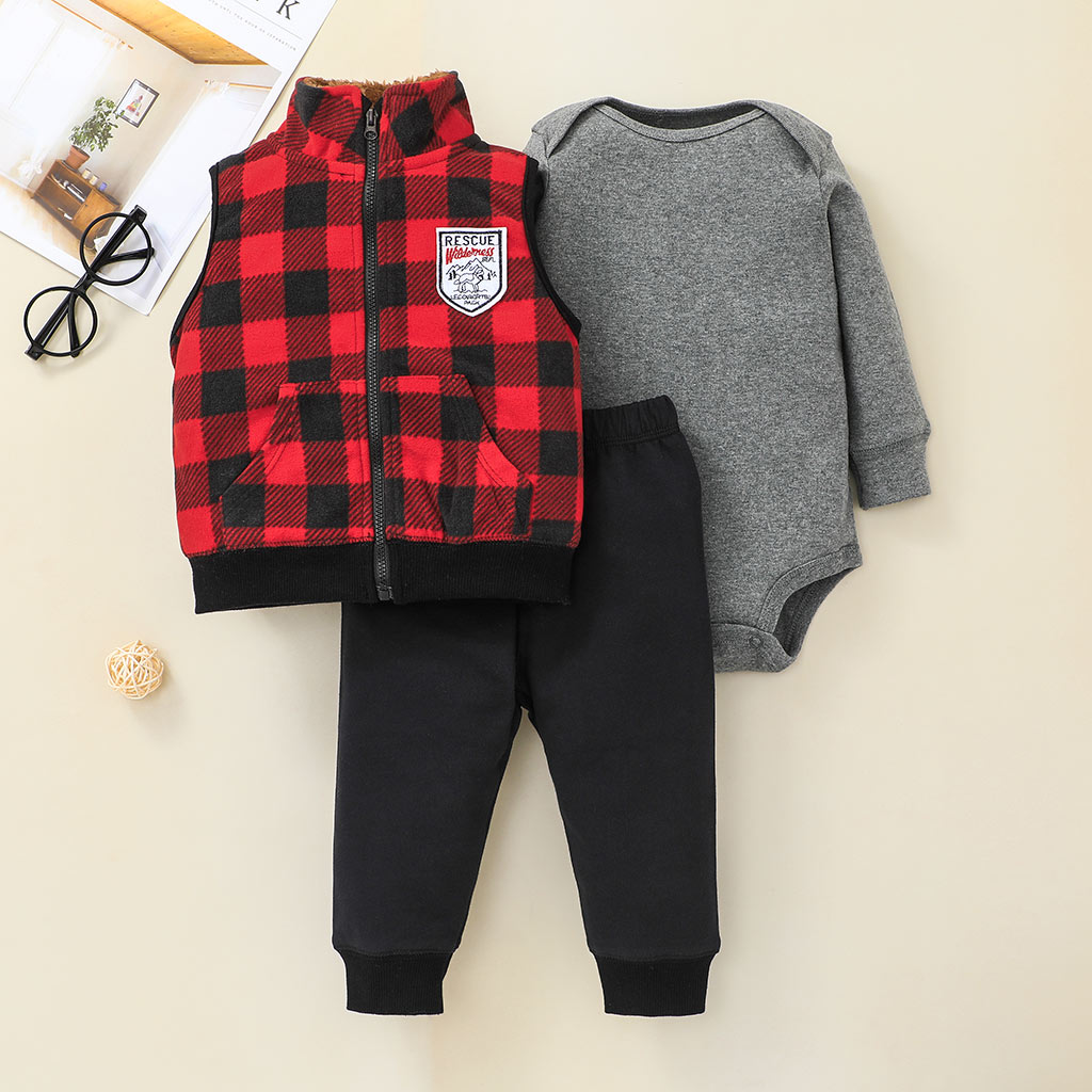 

Baby 3pcs Red Plaid Fleece Lined Vest and Solid Long-sleeve Set